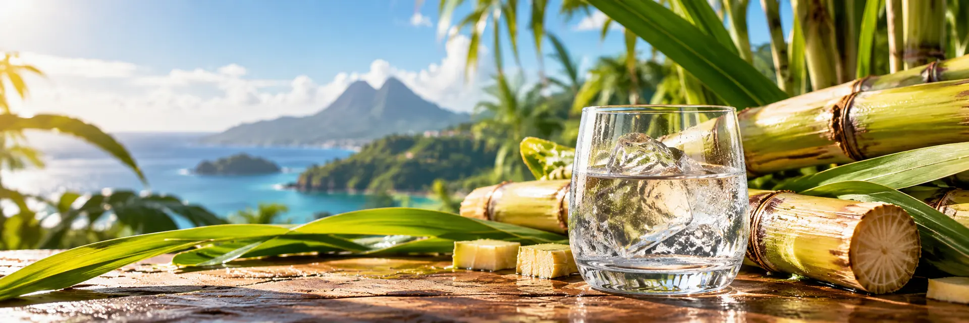 Verre de rhum blanc devant des cannes à sucre et un paysage tropical